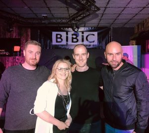 Andy Turner left and the colleges Dan Blasczyk right with Michaela Wylde and Simon Berry from BBC Introducing at Alberts Shed in Telford